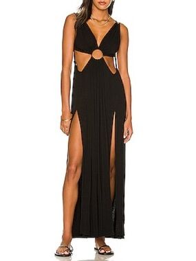 INDAH BODY Zoe Maxi Dress Black V-neck Black Cutout Long Stretch w High Slits 0